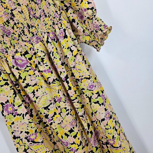 Rixo Dress Mutlticolour Saskia Floral Print Square Neck Smocked Midi Size M - Picture 3 of 9